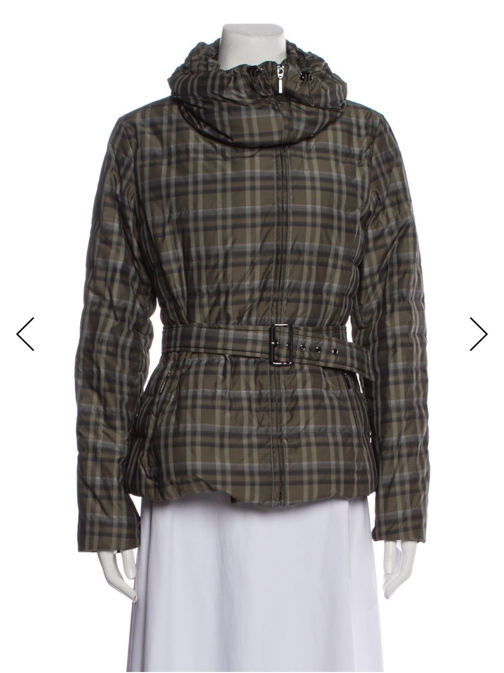 MaxMara Olive Plaid Hooded Belted Puffer Jacket